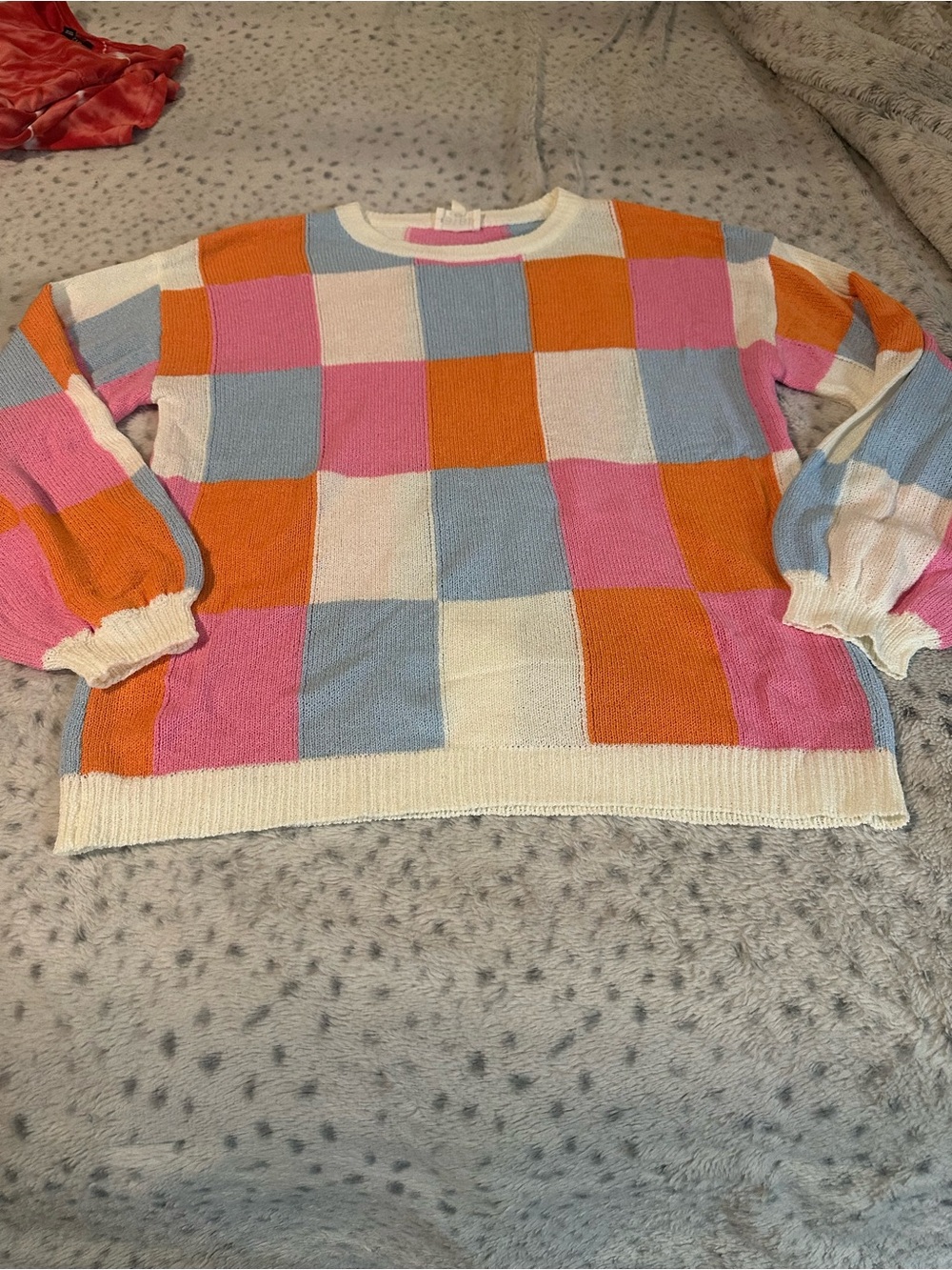 BiBi Checkered Crewneck Sweater in Pink, Orange, Light Blue & Cream